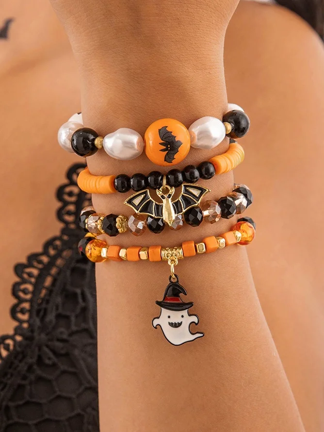 Halloween Funny Skull Rice Bead Bracelet Set Personality Devil Eye Glaze Bat Multi-layer Bracelet