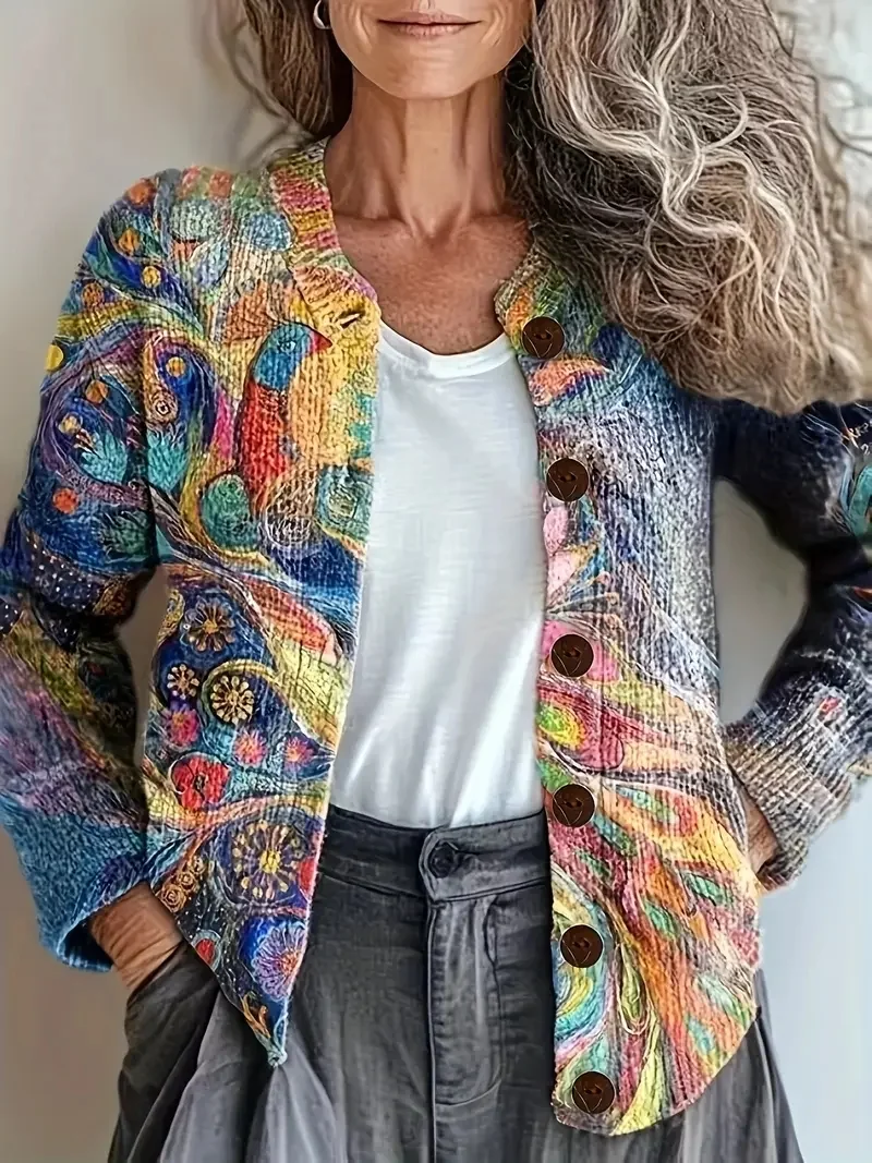 Women Knitted 3D Printing Long Sleeve Comfy Casual Cardigan