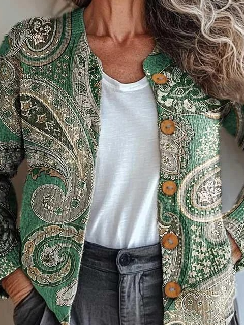 Women Knitted Paisley Long Sleeve Comfy Vintage Cardigan