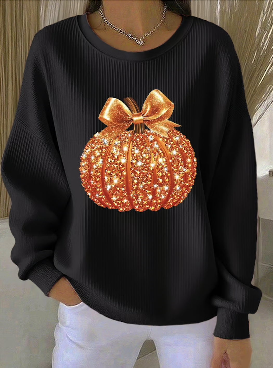 Casual Halloween Sequin Pumpkin Print Comfy Sweatshirt