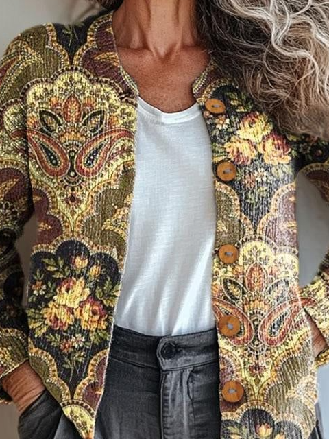 Women Knitted Geometric Long Sleeve Comfy Vintage Cardigan