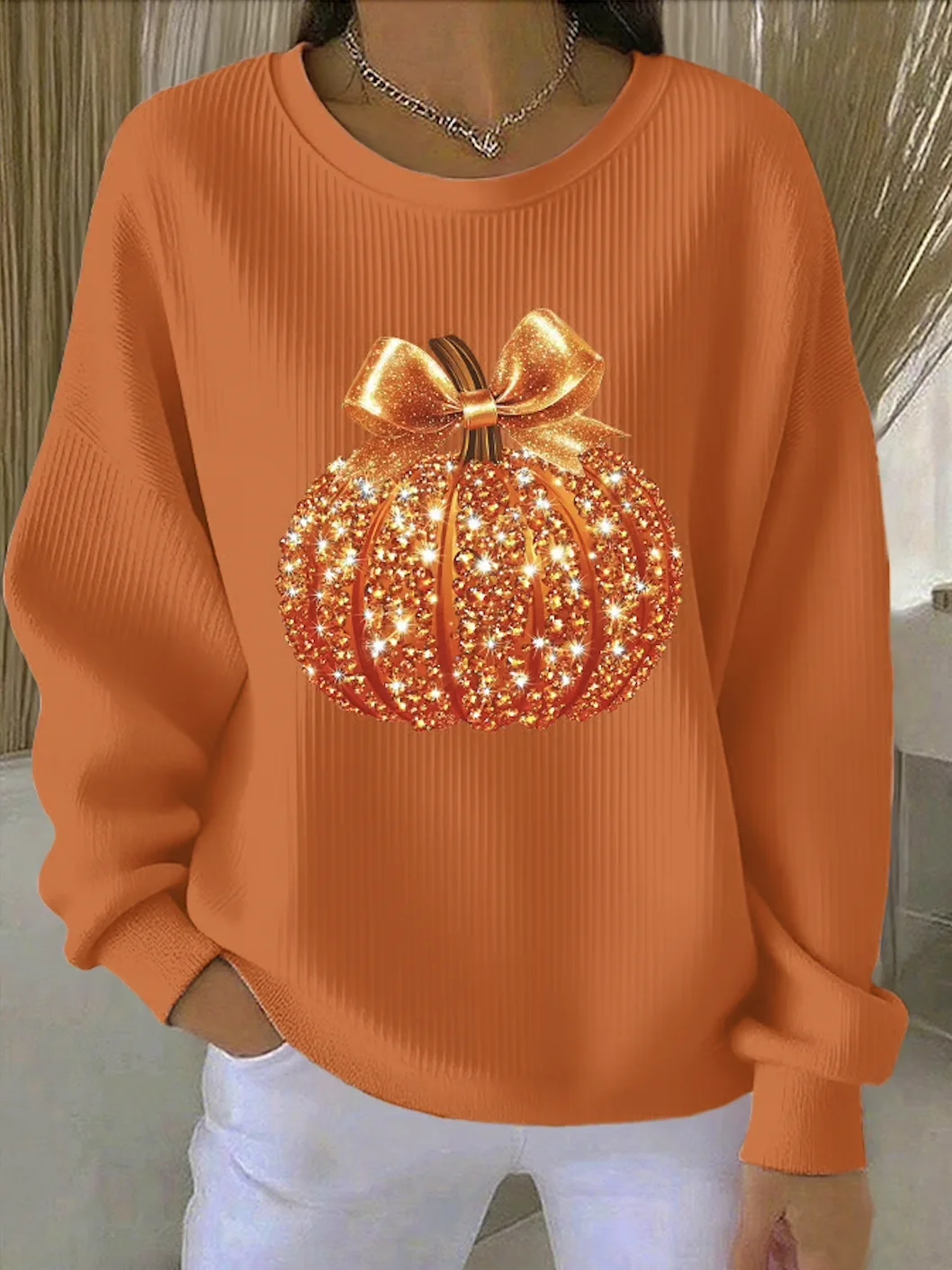 Casual Halloween Sequin Pumpkin Print Comfy Sweatshirt