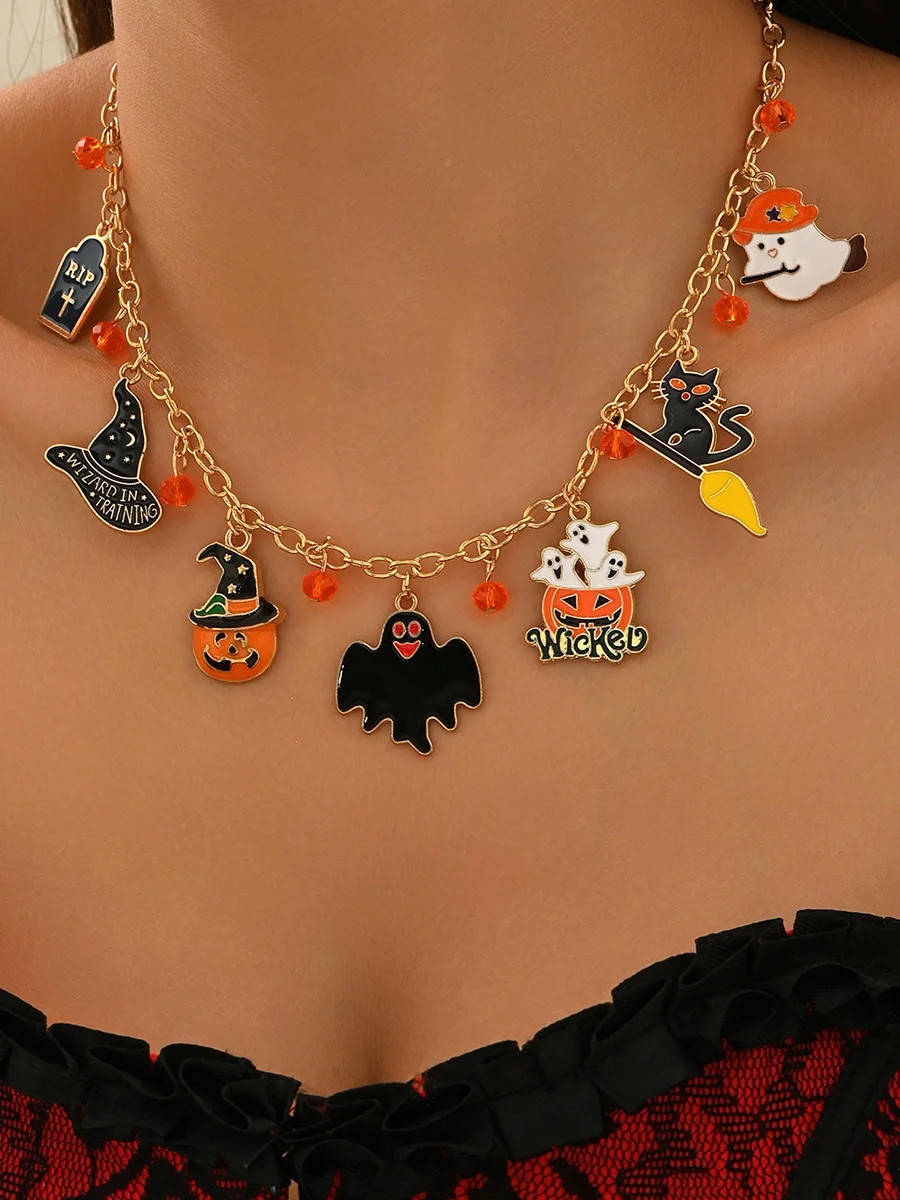 New Halloween Accessories Niche Cat Ghost Pumpkin High-end Jewelry Clavicle Chain Female Pendant Light Luxury Necklace
