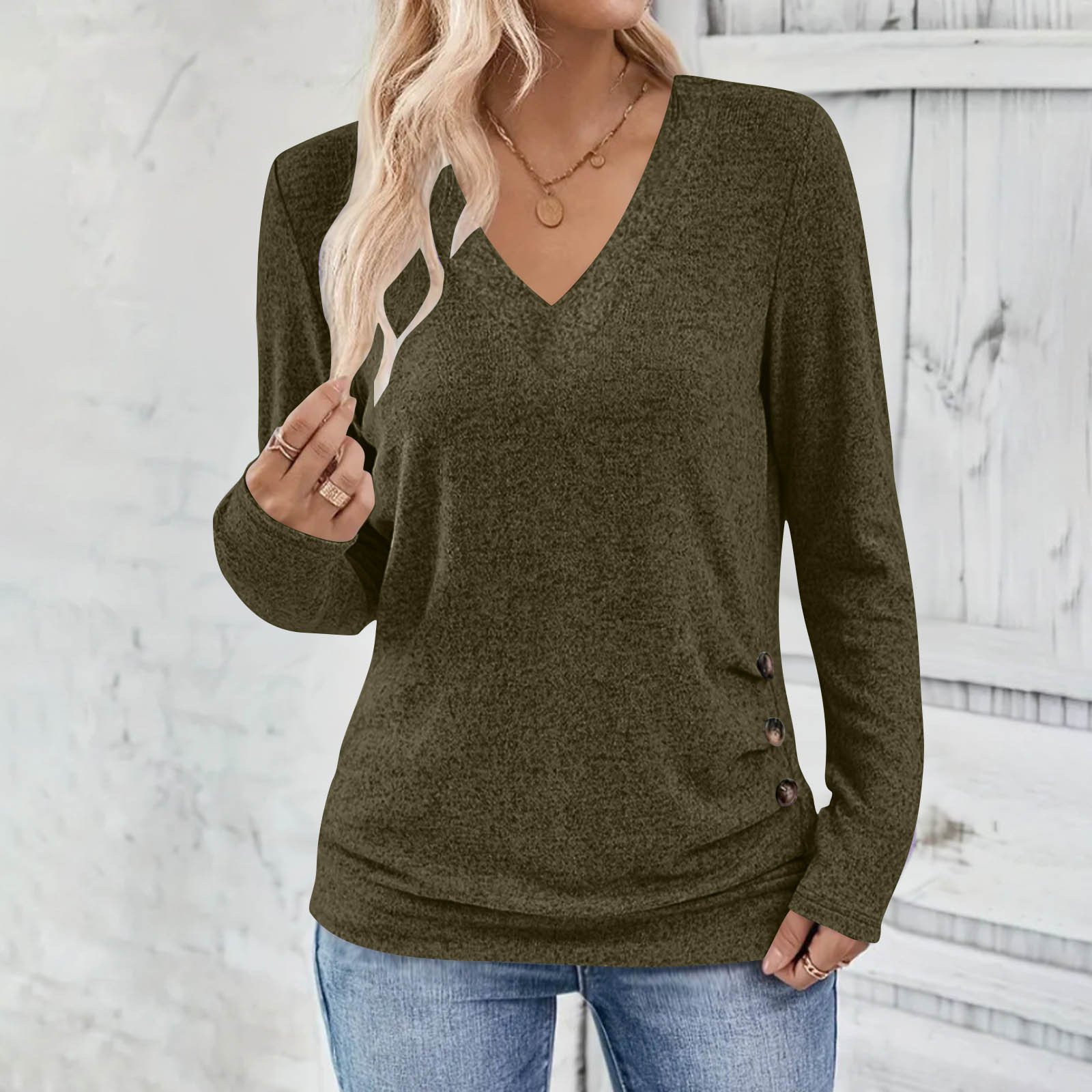 Casual Plain V Neck Long Sleeve T-shirt
