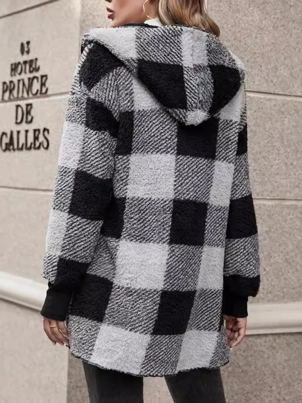 Women Spring/Fall Outerwear Vintage Split Joint Plaid Long Sleeve Hooded Jacket