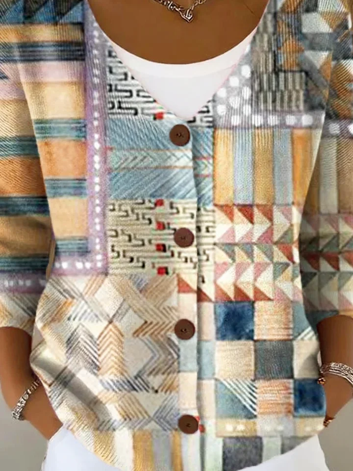 Women Knitted Geometric Long Sleeve Comfy Vintage Cardigan