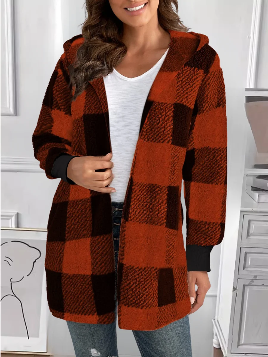Women Spring/Fall Outerwear Vintage Split Joint Plaid Long Sleeve Hooded Jacket