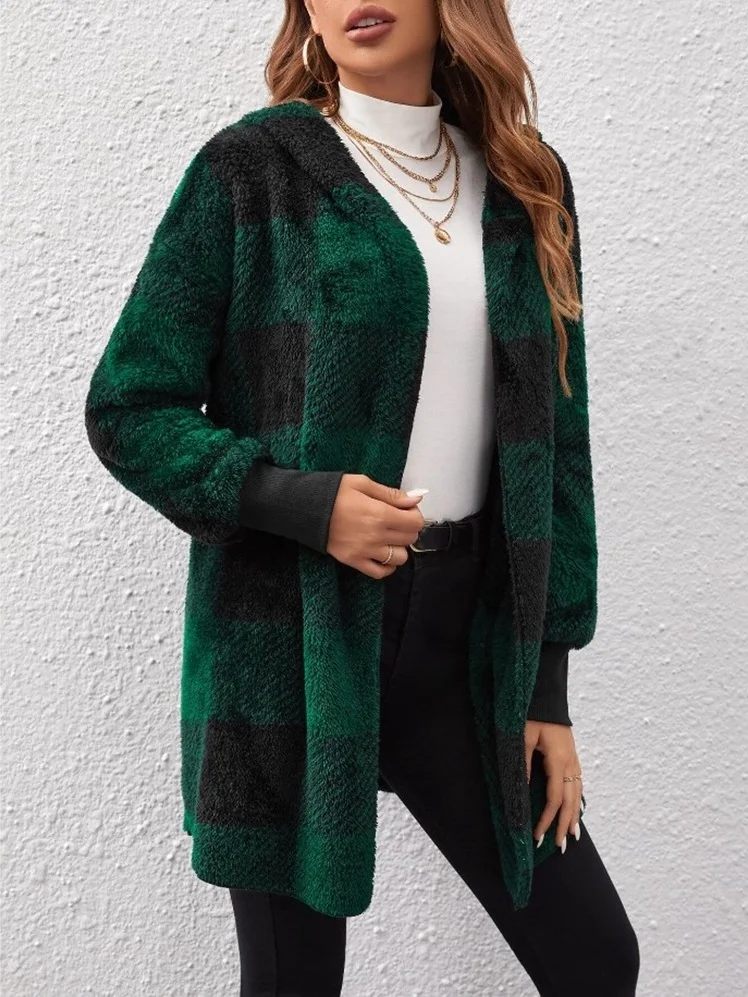 Women Spring/Fall Outerwear Vintage Split Joint Plaid Long Sleeve Hooded Jacket
