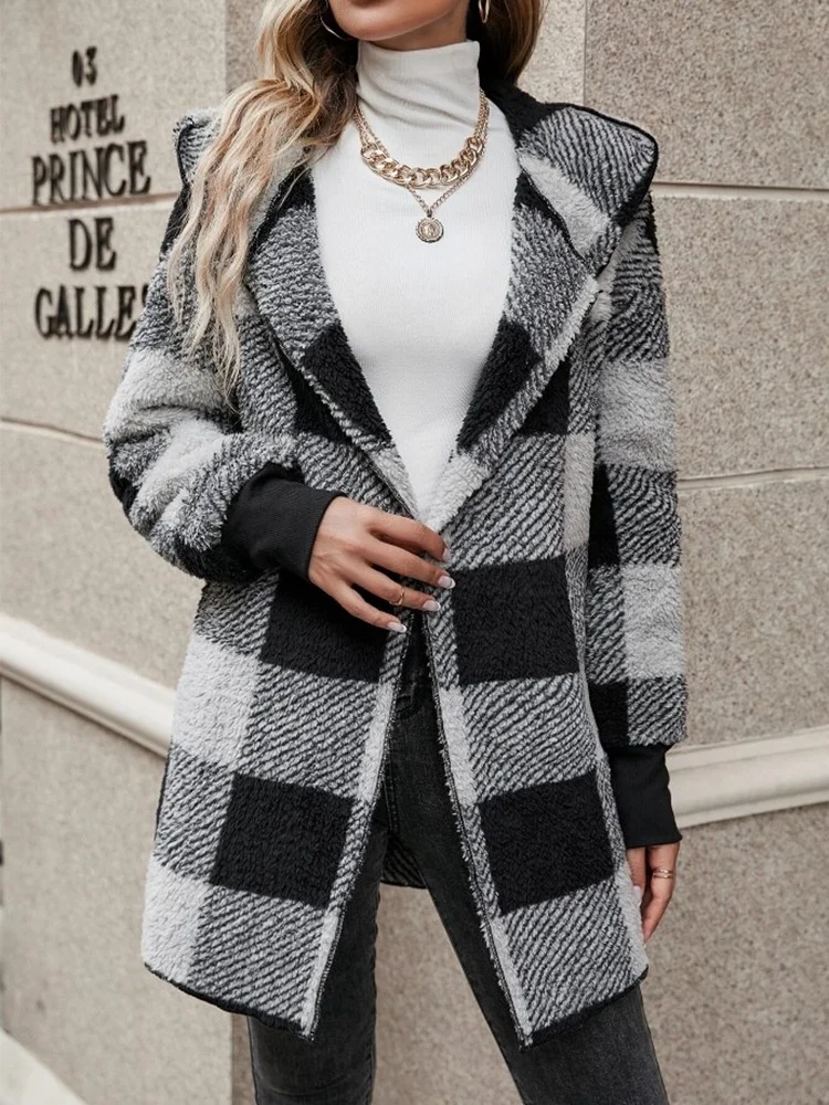 Women Spring/Fall Outerwear Vintage Split Joint Plaid Long Sleeve Hooded Jacket