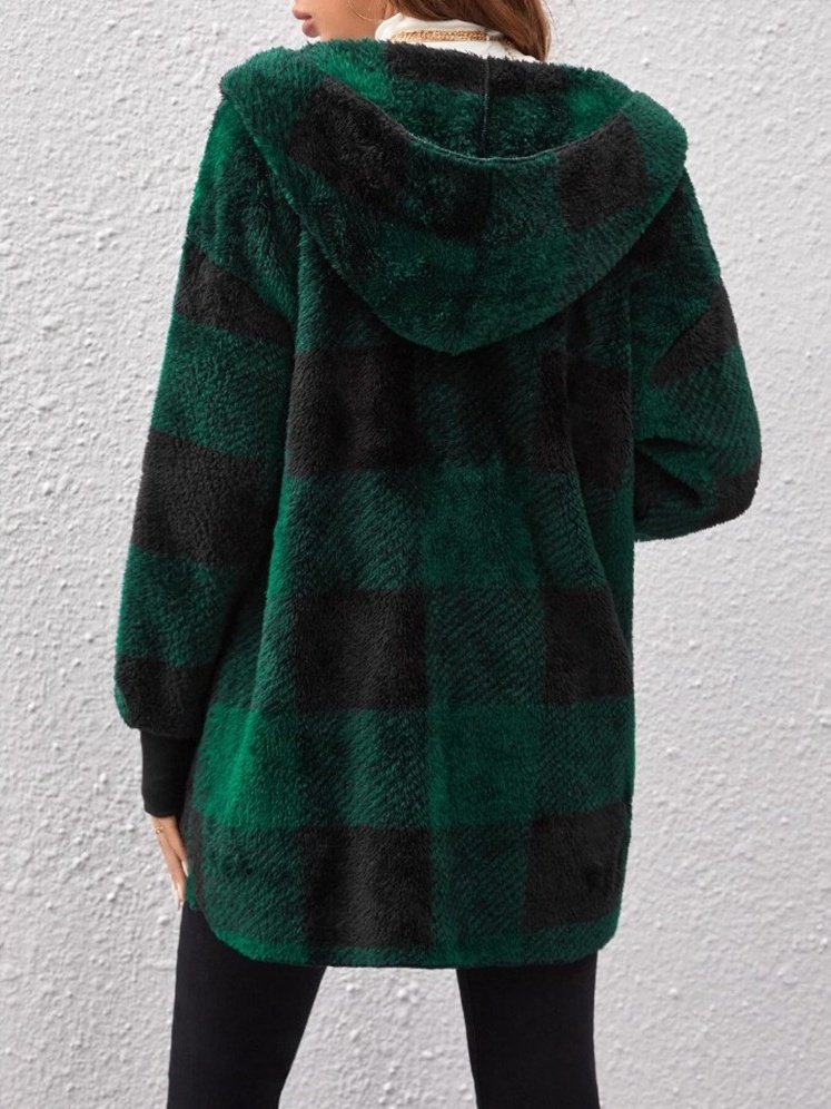 Women Spring/Fall Outerwear Vintage Split Joint Plaid Long Sleeve Hooded Jacket