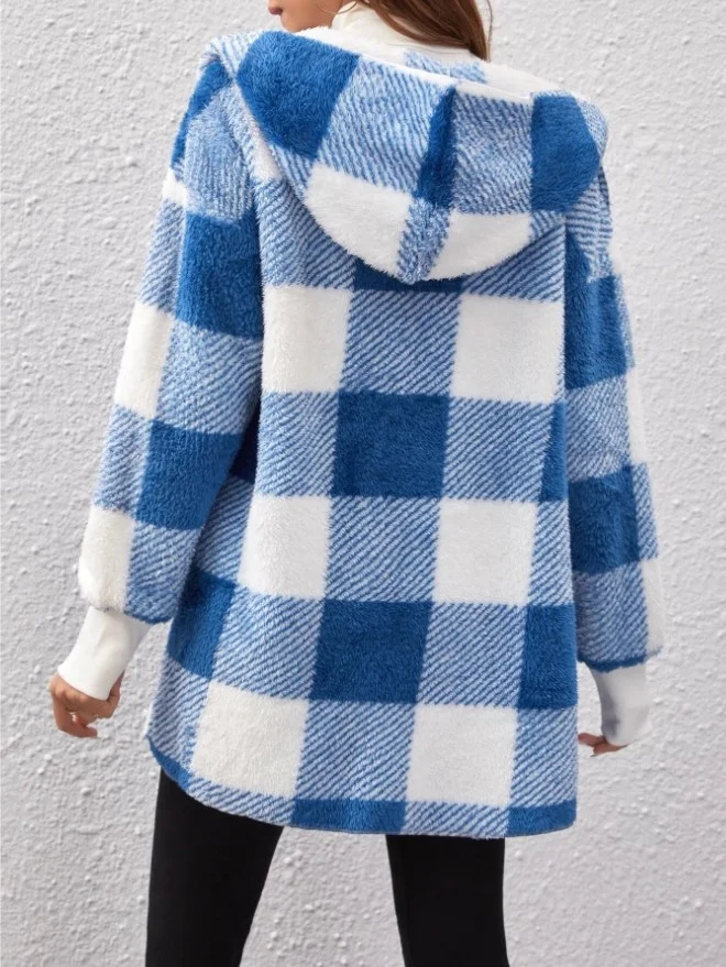 Women Spring/Fall Outerwear Vintage Split Joint Plaid Long Sleeve Hooded Jacket