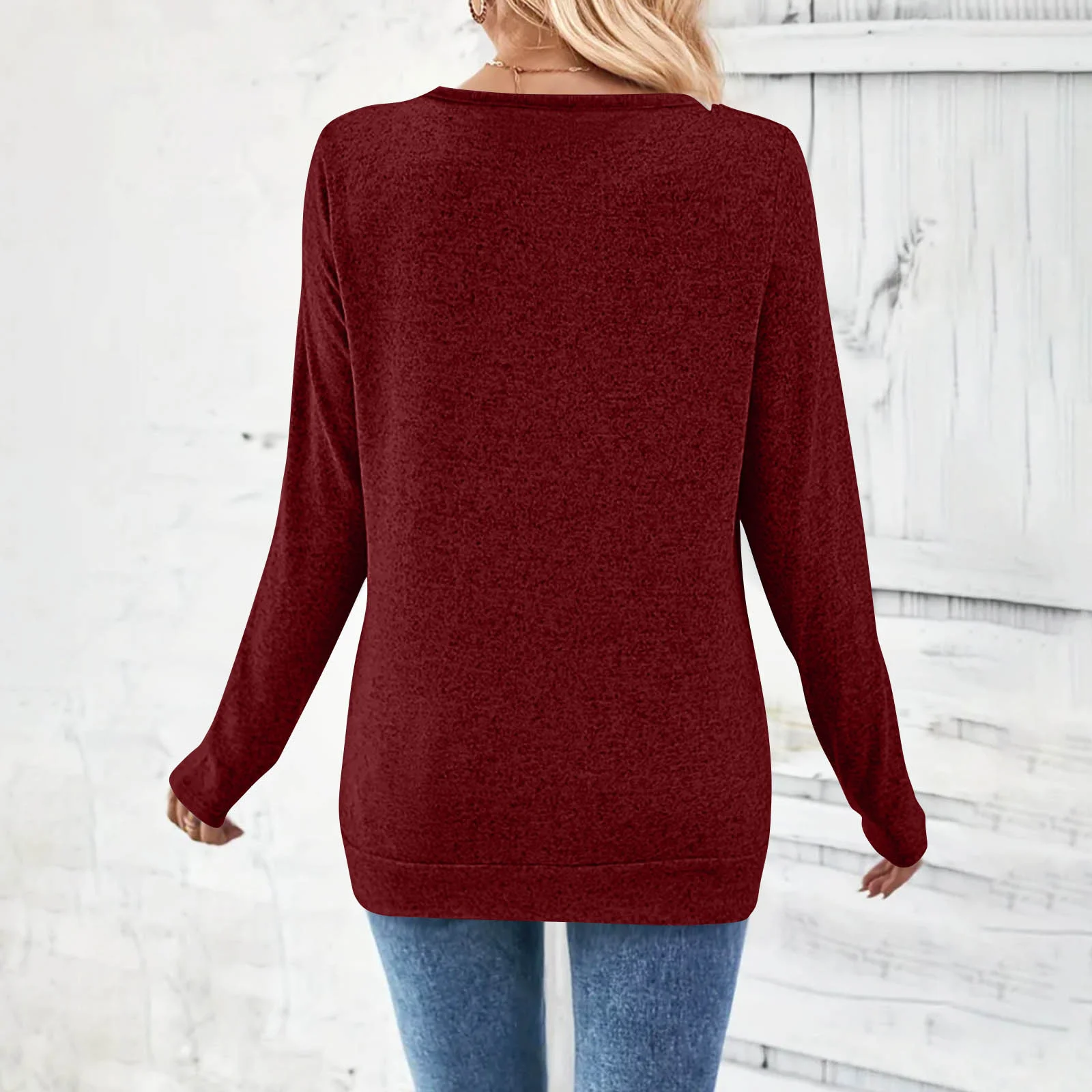 Casual Plain V Neck Long Sleeve T-shirt