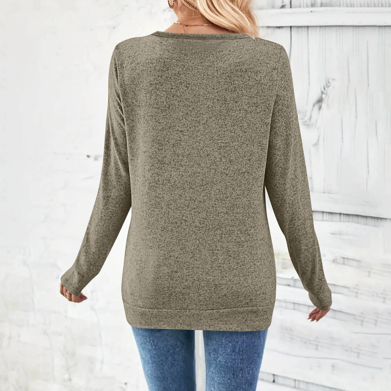 Casual Plain V Neck Long Sleeve T-shirt