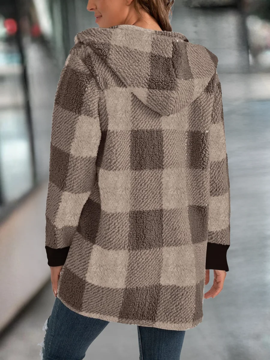 Women Spring/Fall Outerwear Vintage Split Joint Plaid Long Sleeve Hooded Jacket