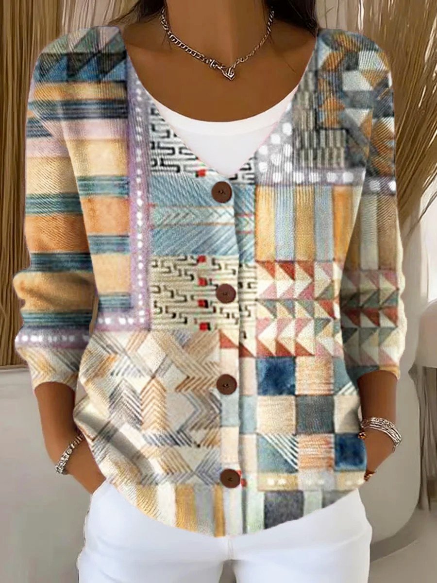 Women Knitted Geometric Long Sleeve Comfy Vintage Cardigan