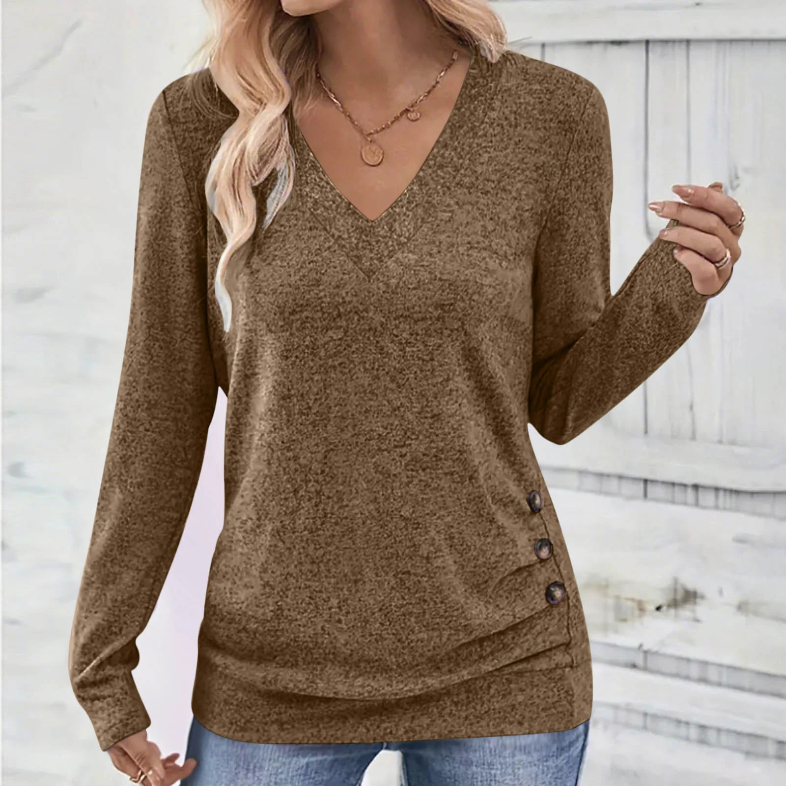 Casual Plain V Neck Long Sleeve T-shirt