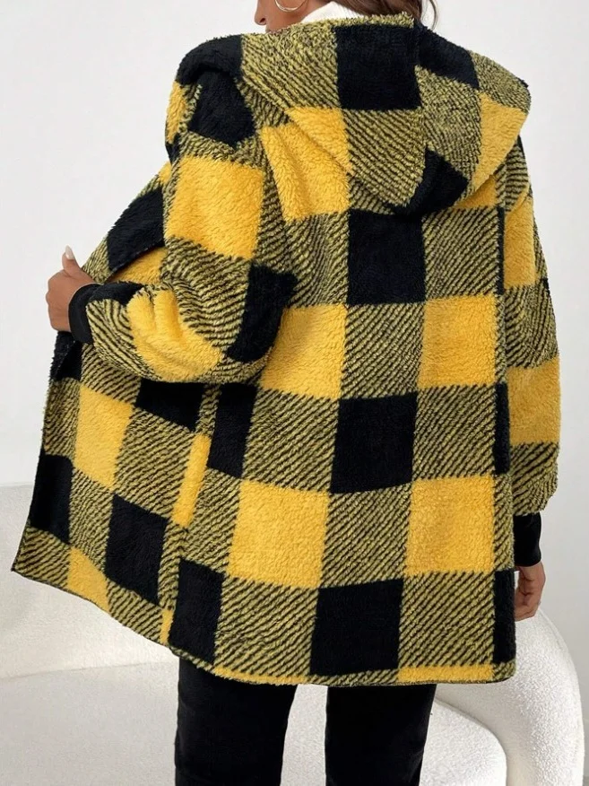 Women Spring/Fall Outerwear Vintage Split Joint Plaid Long Sleeve Hooded Jacket