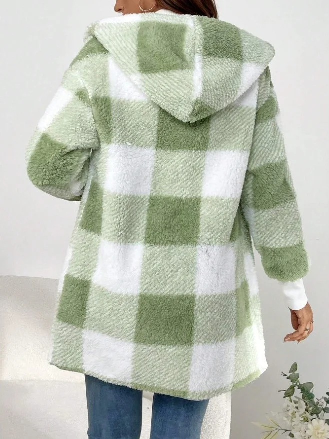 Women Spring/Fall Outerwear Vintage Split Joint Plaid Long Sleeve Hooded Jacket