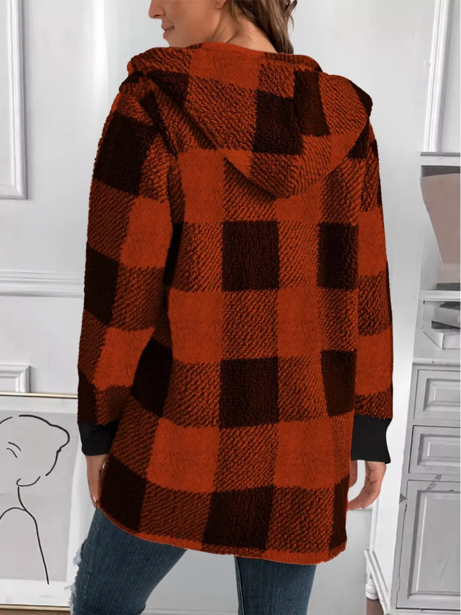 Women Spring/Fall Outerwear Vintage Split Joint Plaid Long Sleeve Hooded Jacket