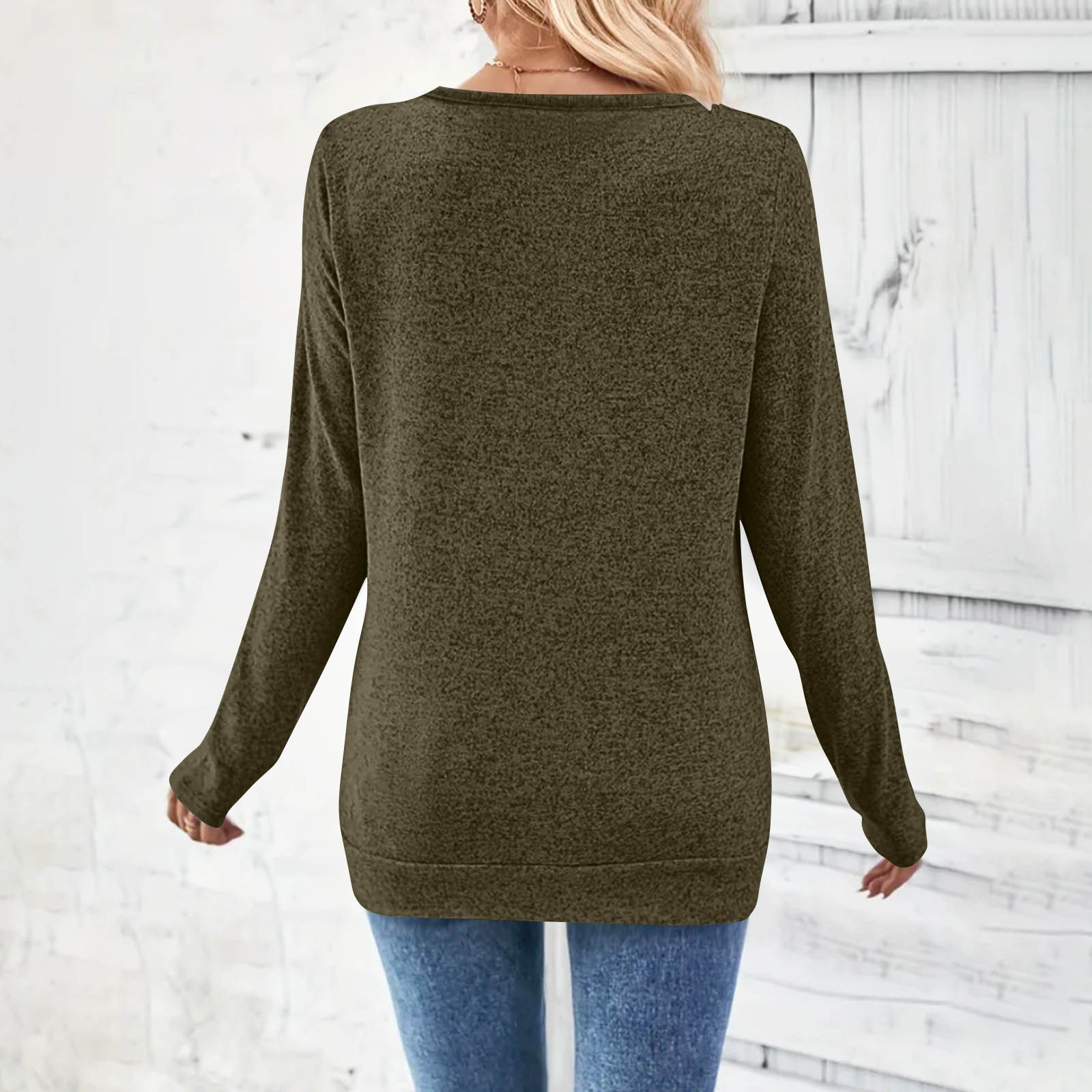 Casual Plain V Neck Long Sleeve T-shirt