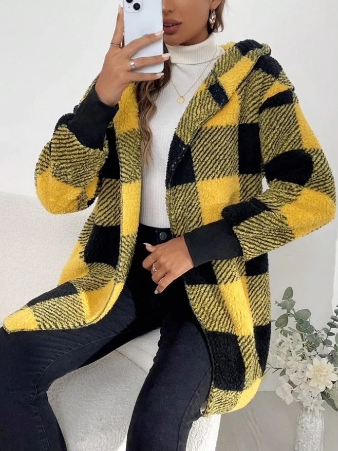 Women Spring/Fall Outerwear Vintage Split Joint Plaid Long Sleeve Hooded Jacket