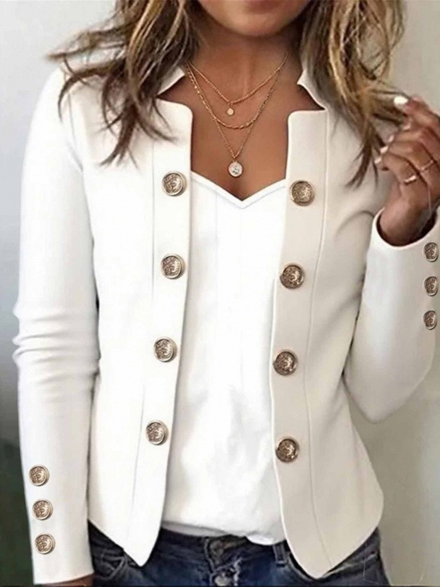 Women Plain Spring/Fall Outerwear Urban Buttoned Long Sleeve Notched Regular Blazer