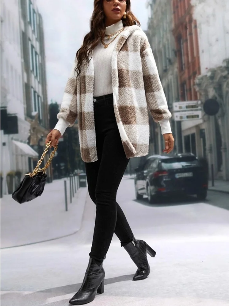 Women Spring/Fall Outerwear Vintage Split Joint Plaid Long Sleeve Hooded Jacket
