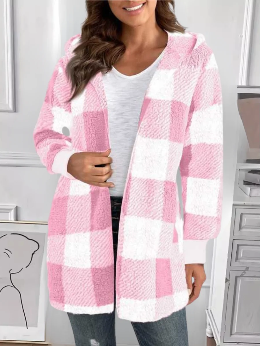 Women Spring/Fall Outerwear Vintage Split Joint Plaid Long Sleeve Hooded Jacket