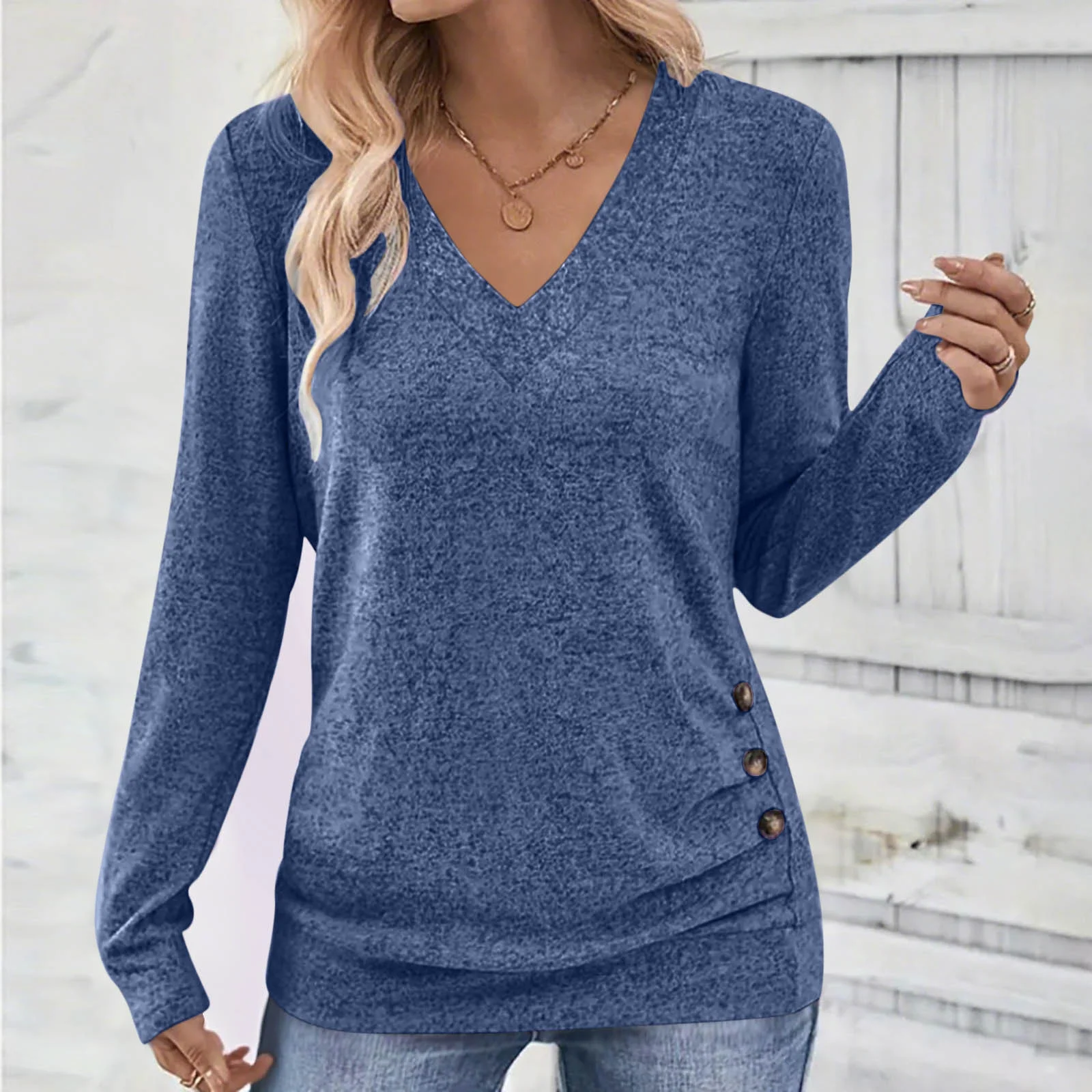 Casual Plain V Neck Long Sleeve T-shirt