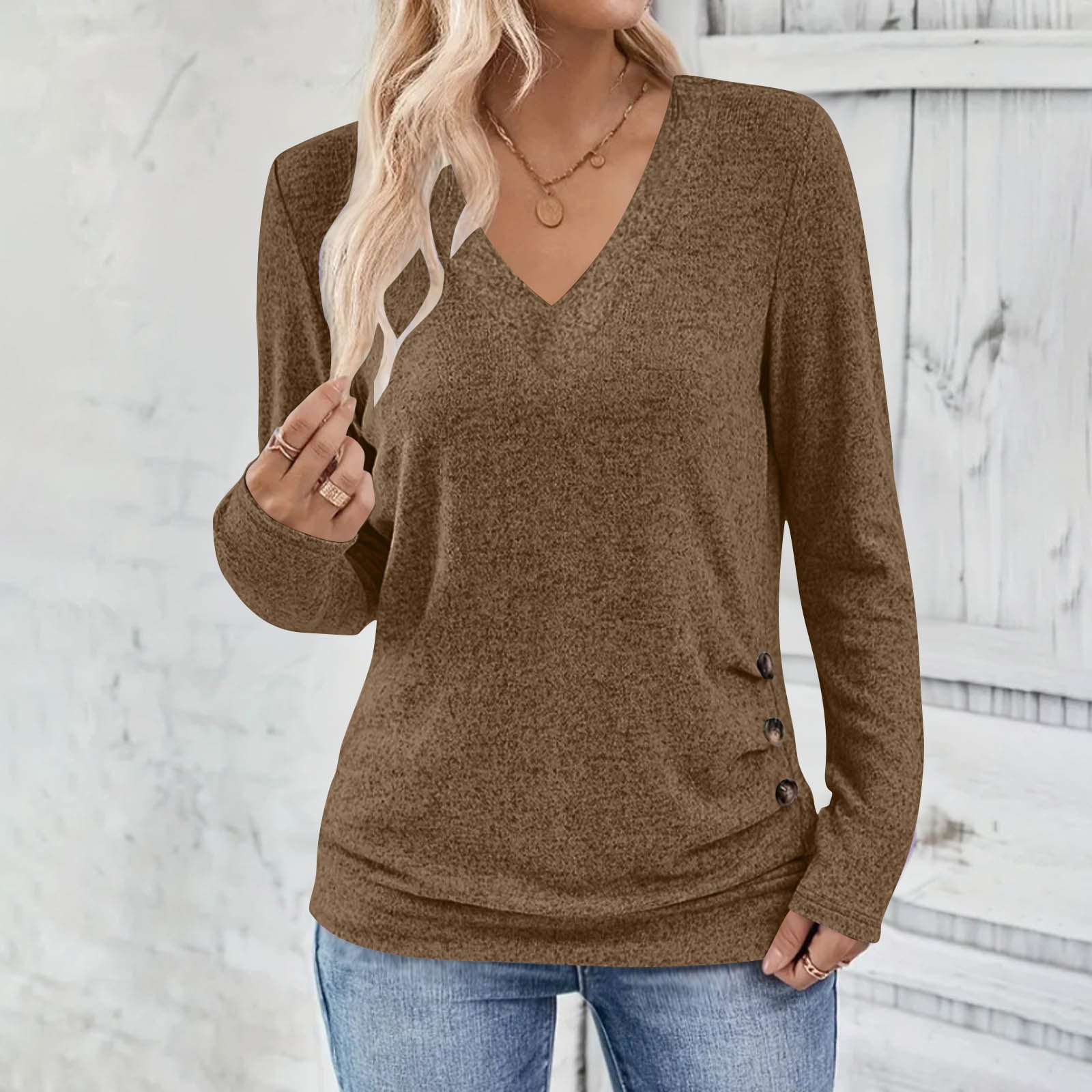 Casual Plain V Neck Long Sleeve T-shirt