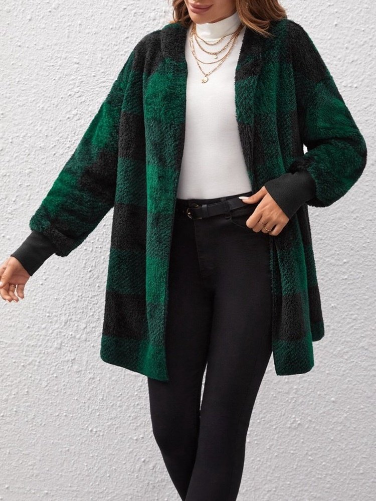 Women Spring/Fall Outerwear Vintage Split Joint Plaid Long Sleeve Hooded Jacket