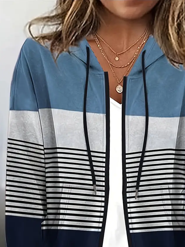 Women Spring/Fall Outerwear Casual Printing Striped Long Sleeve Hoodie Jacket