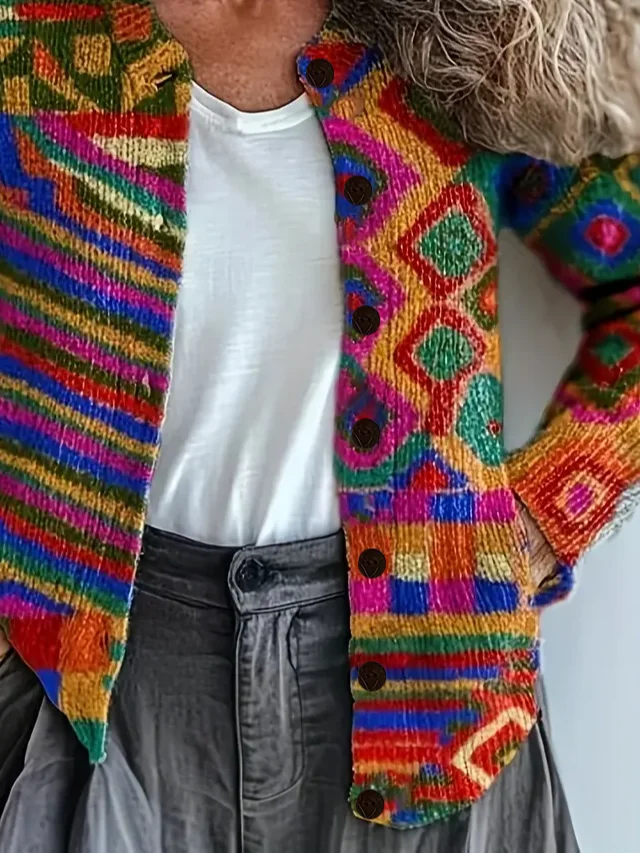 Women Abstract Long Sleeve Comfy Vintage Printing Cardigan