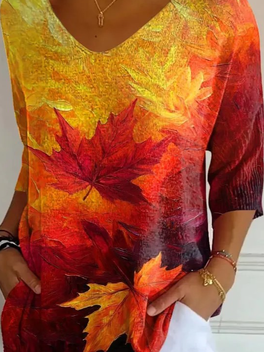 Vintage Gradient Pattern V Neck Three Quarter Sleeve T-shirt