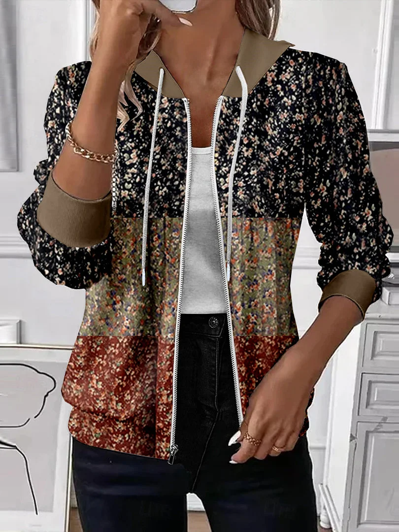 Women Spring/Fall Outerwear Casual Printing Floral Long Sleeve Hoodie Jacket