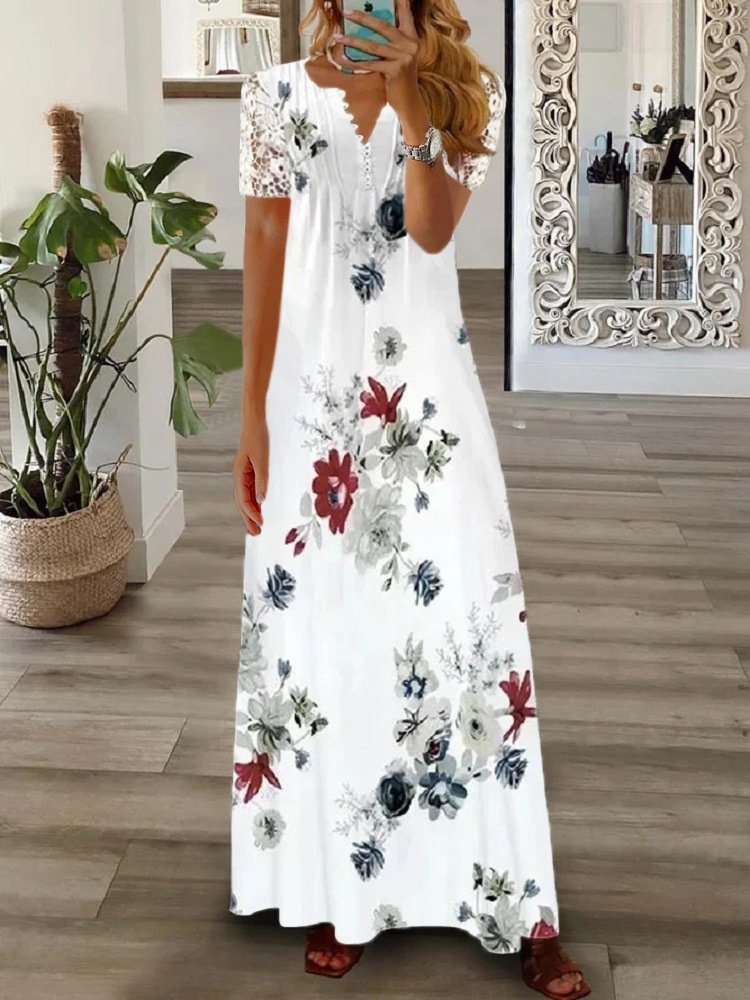 Women Floral Spring/Fall Printing Dress V Neck Long Sleeve T-Shirt Dress A-Line Dress