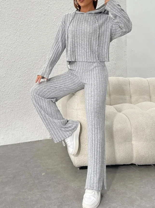 Women Plain Embossed Two-Piece Set Daily Long Sleeve Casual Spring/Fall Top With Pants Matching Set