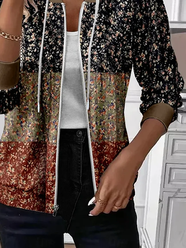 Women Spring/Fall Outerwear Casual Printing Floral Long Sleeve Hoodie Jacket
