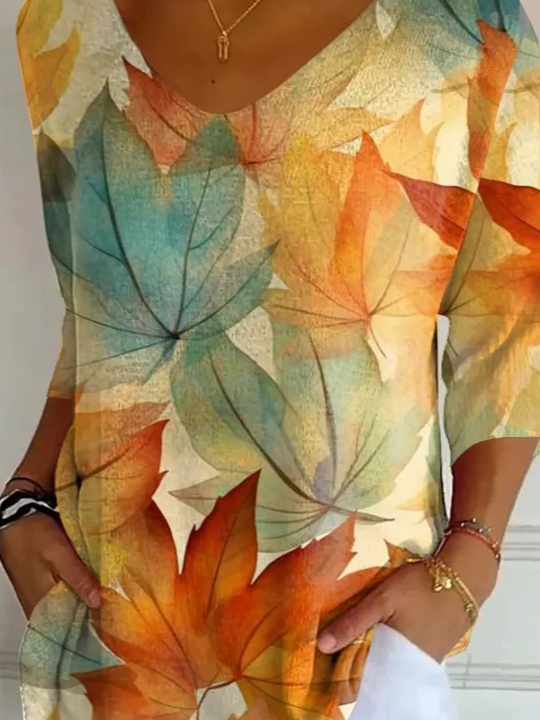 Vintage Gradient Pattern V Neck Three Quarter Sleeve T-shirt