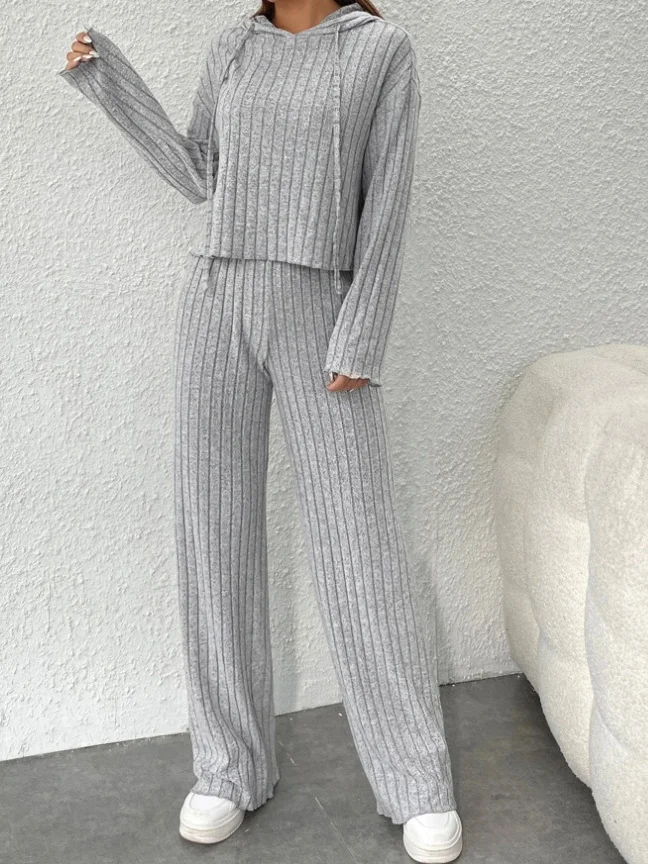 Women Plain Embossed Two-Piece Set Daily Long Sleeve Casual Spring/Fall Top With Pants Matching Set