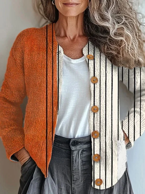 Women Knitted Striped Long Sleeve Comfy Vintage Cardigan
