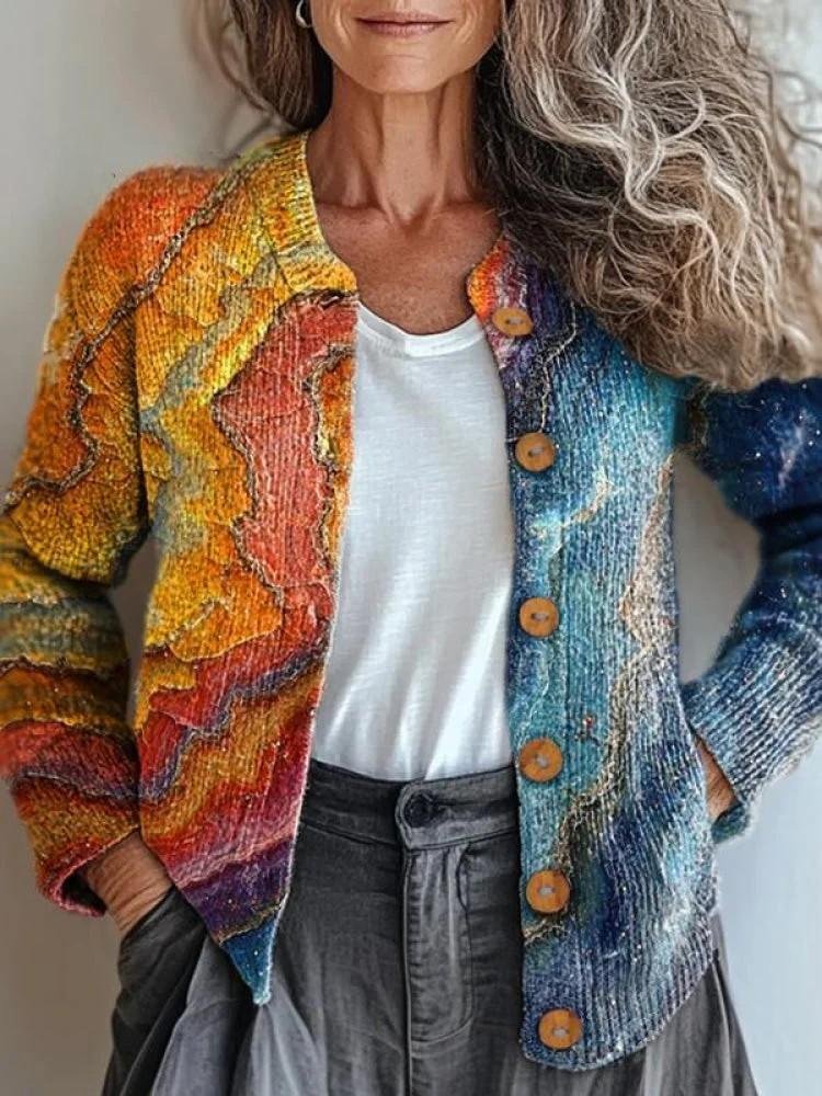 Women Knitted Gradient Pattern Long Sleeve Comfy Vintage Cardigan