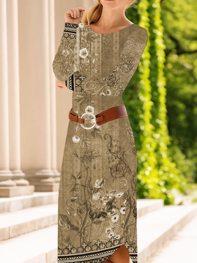 Women Floral Spring/Fall Dress Crew Neck Long Sleeve T-Shirt Dress A-Line Dress