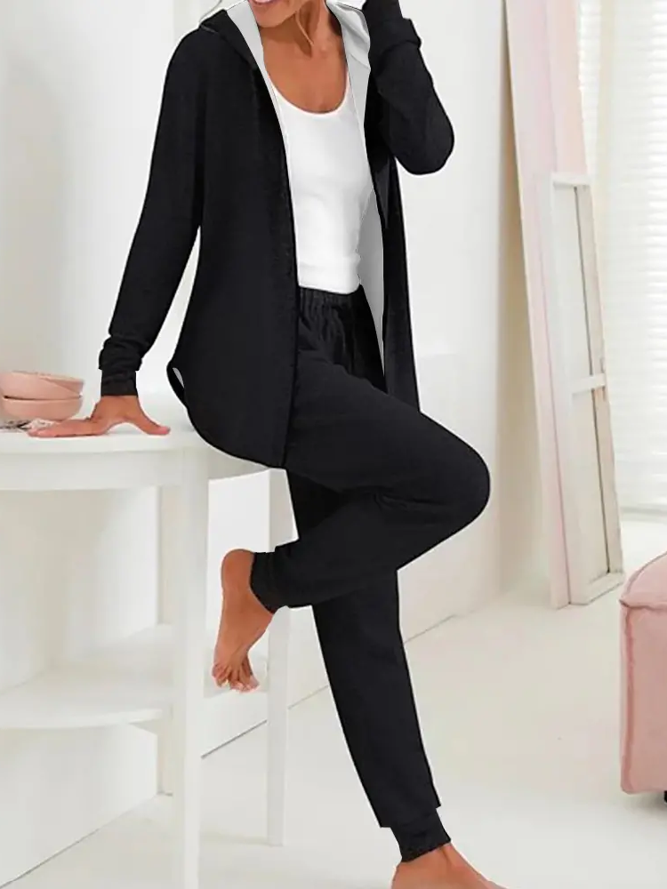 Women Plain Drawstring Two-Piece Set Daily Long Sleeve Casual Spring/Fall Coat With Pants Matching Set