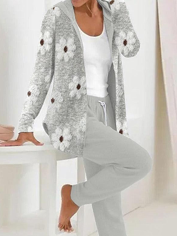 Women Floral Printing Two-Piece Set Daily Long Sleeve Casual Spring/Fall Coat With Pants Matching Set