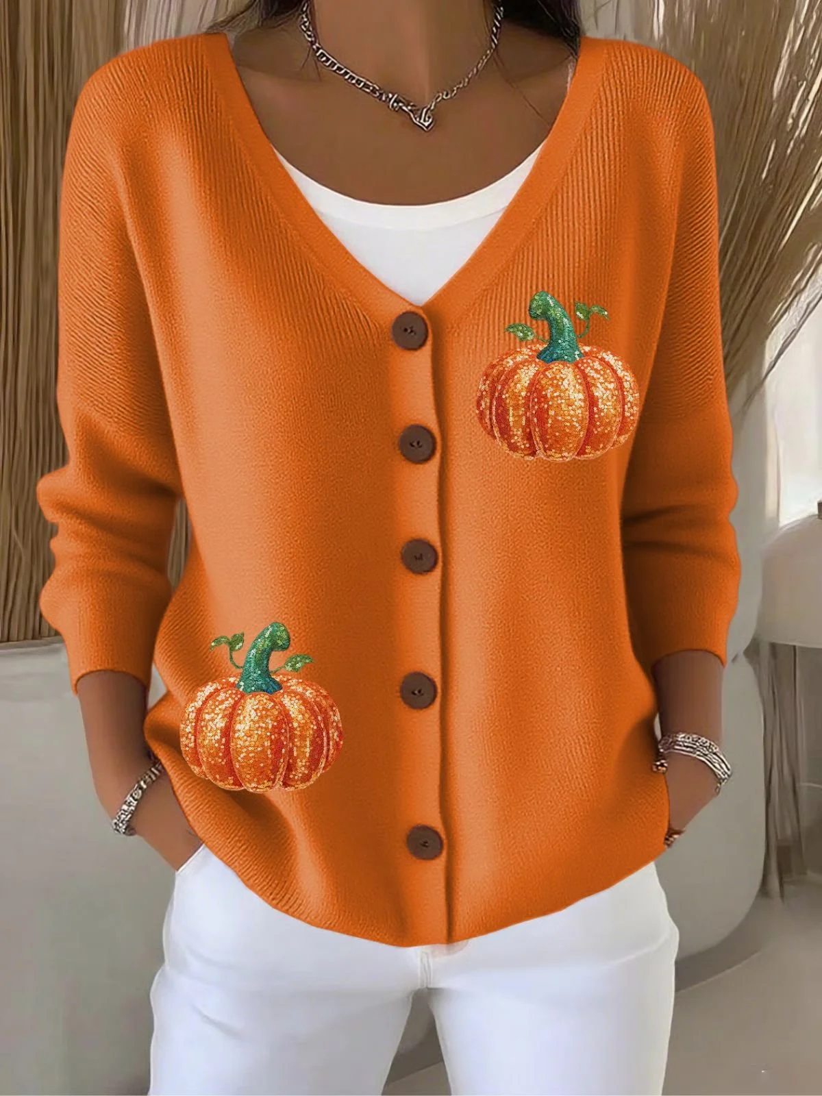Women Cotton Pumpkin Pattern Long Sleeve Comfy Casual Cardigan