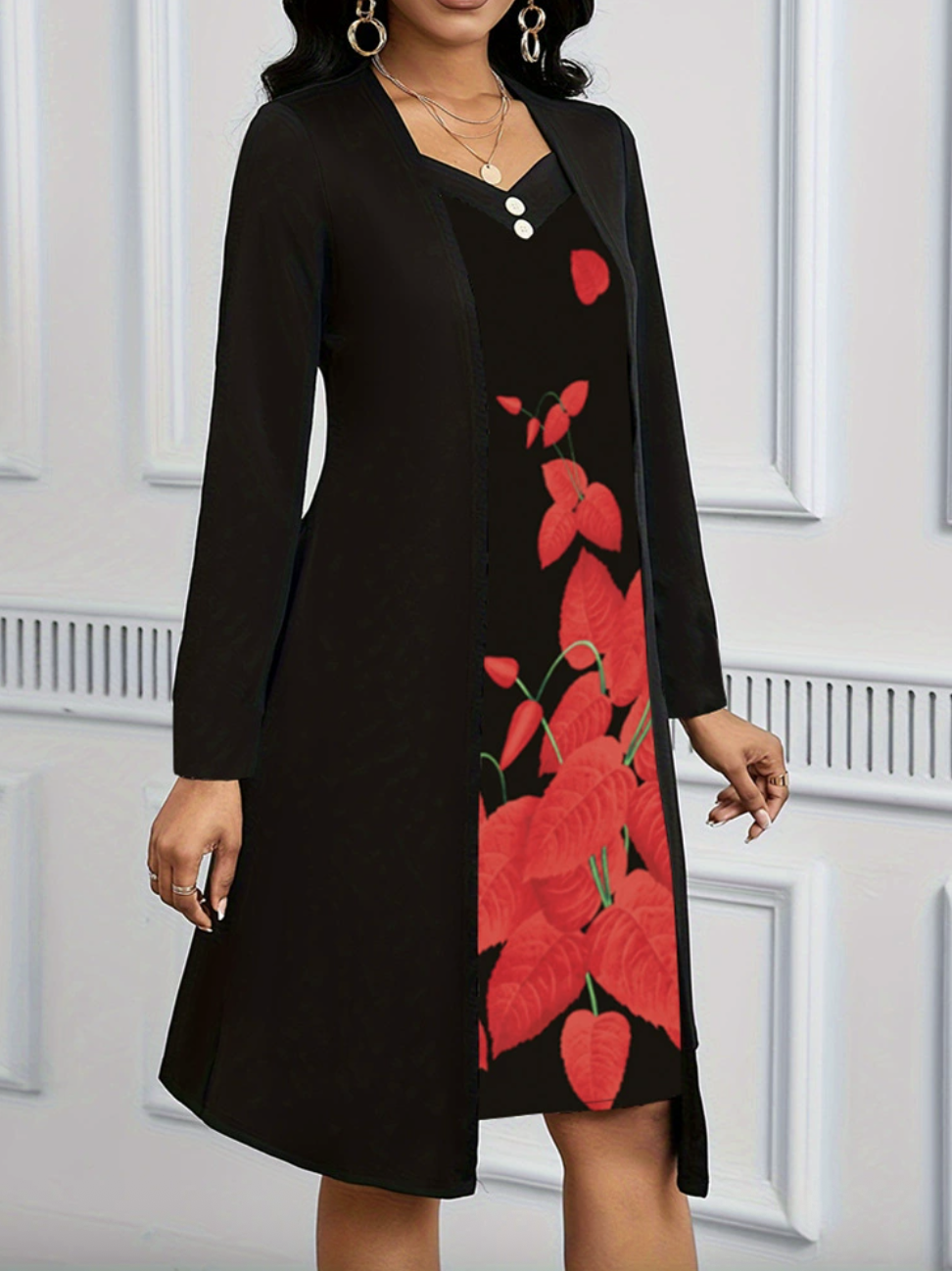 Women Floral Spring/Fall Dress V Neck Long Sleeve A-Line Dress