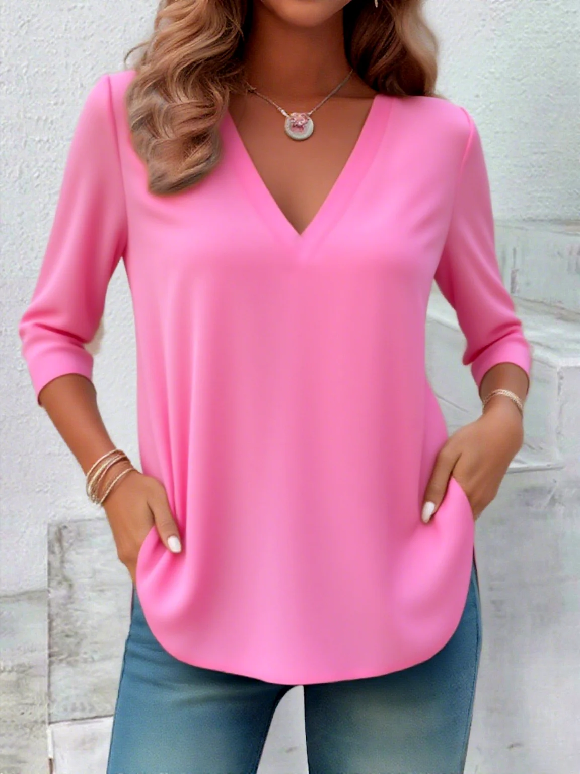 Casual Plain V Neck Long Sleeve T-shirt