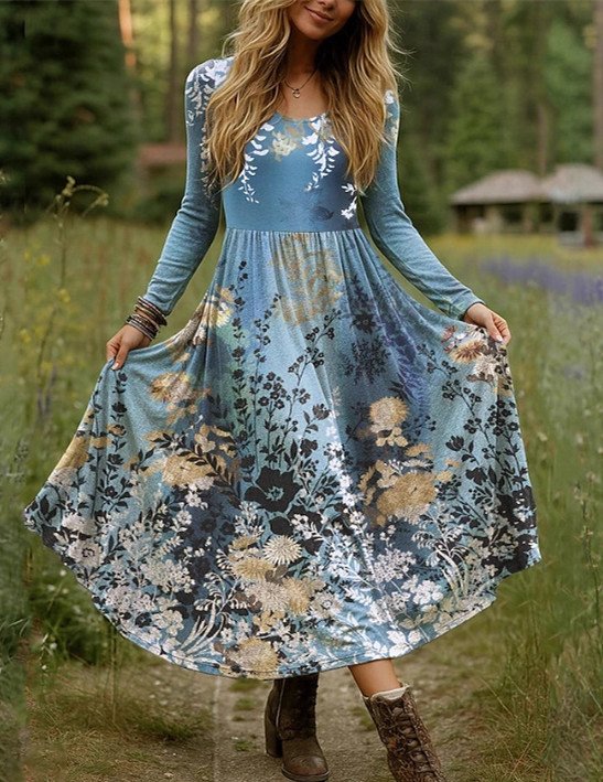 Women Floral Spring/Fall Dress V Neck Long Sleeve A-Line Dress