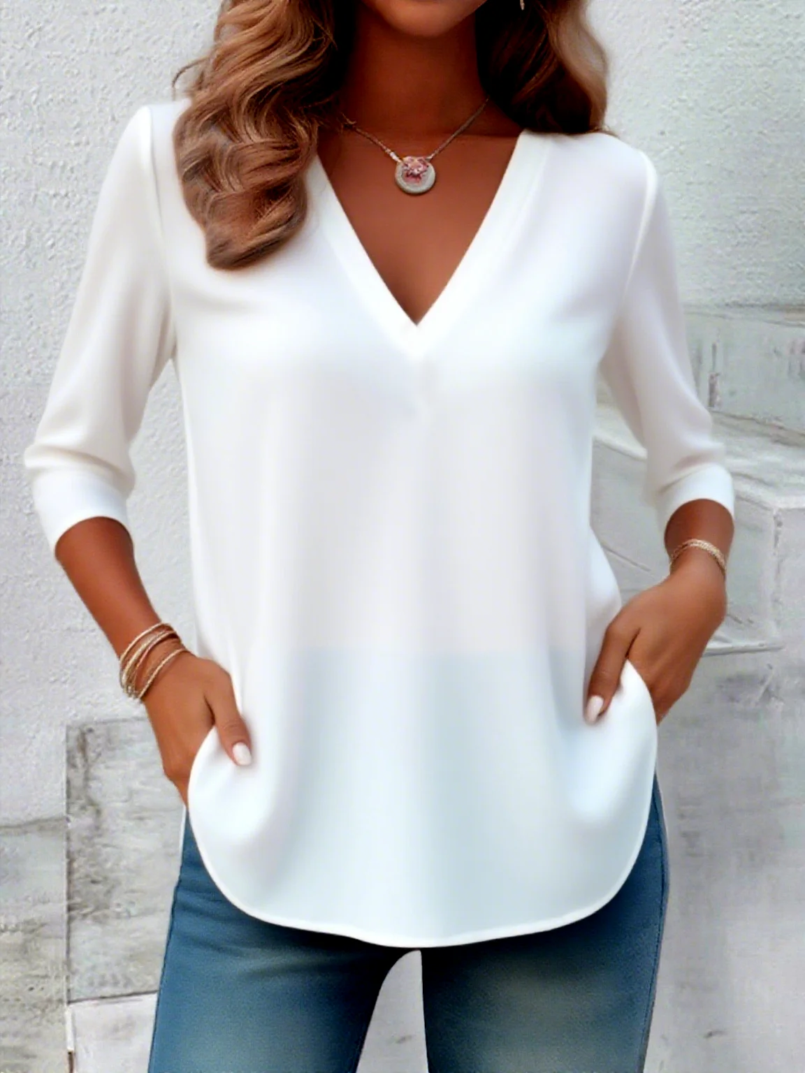 Casual Plain V Neck Long Sleeve T-shirt